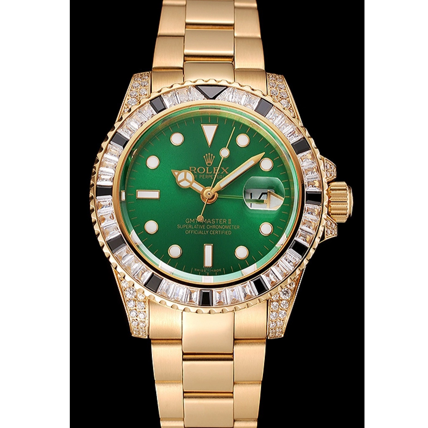 Aaa replica watch Rolex Stone 1453748 GMT II Case Swiss Set Gold Bezel Bracelet Green Dial And Master 0521